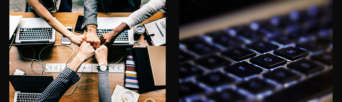 Technology Header, two pics side by side. left hand pic has hands coming together in unison with laptops and devices in background. right hand pic has keyboard with keys G and H highlighted.