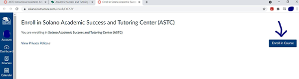 Enroll in Academic Success and Tutoring Center help graphic, blue arrow pointing to right hand of screen where link says Enroll in Course.