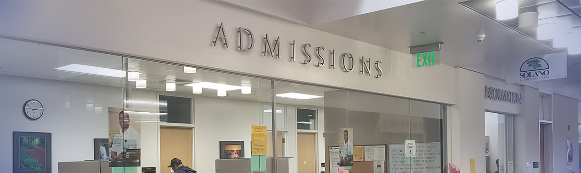 Admissions and Records header, picture of the Solano Community College Admissions and Records front window.