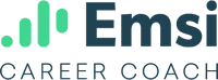 Emsi Career Coach Logo, Light Blue vertical lines that are rounded at the ends with text, Emsi Career Coach.