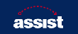 Assist.org Logo, square dark blue background with white letters and red arched arrow above