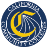 California Community Colleges Logo, Dark blue circular background, around edge circular text California Community College, inside is their Logo, a big yellow C.
