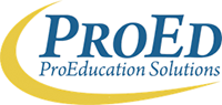 ProEd ProEducation Solutions Logo, Blue font with yellow swoosh
