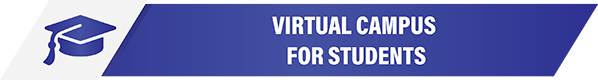 Virtual Campus for Students, white text on blue background with image of graduation cap on left.