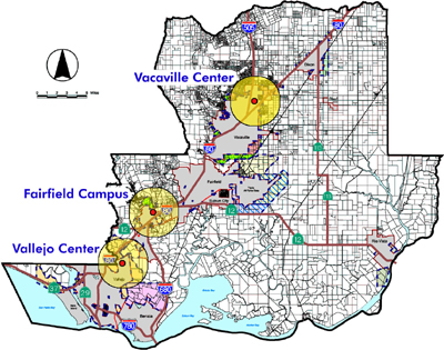 Image map, map of three campus for Solano Community College, Fairfield, Valljeo and Vacaville