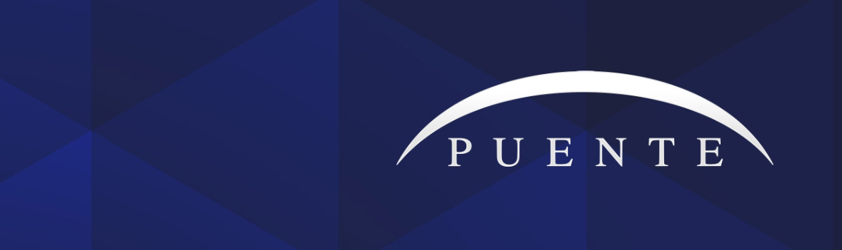 Puente Homepage graphic. Puente Logo, Puente in type with white slash over it, on blue background.