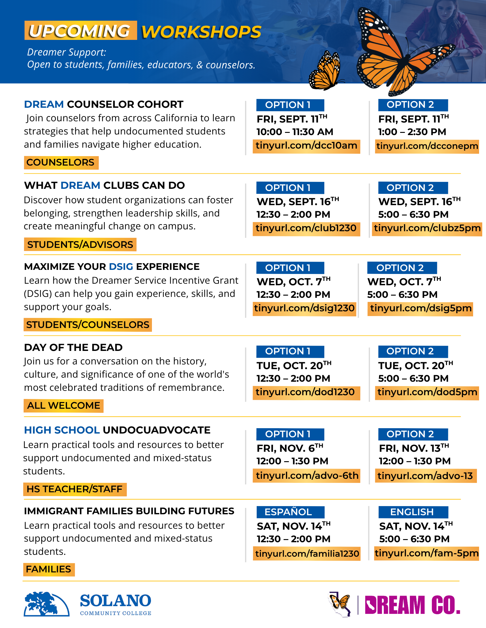 List of workshops upcoming this semester