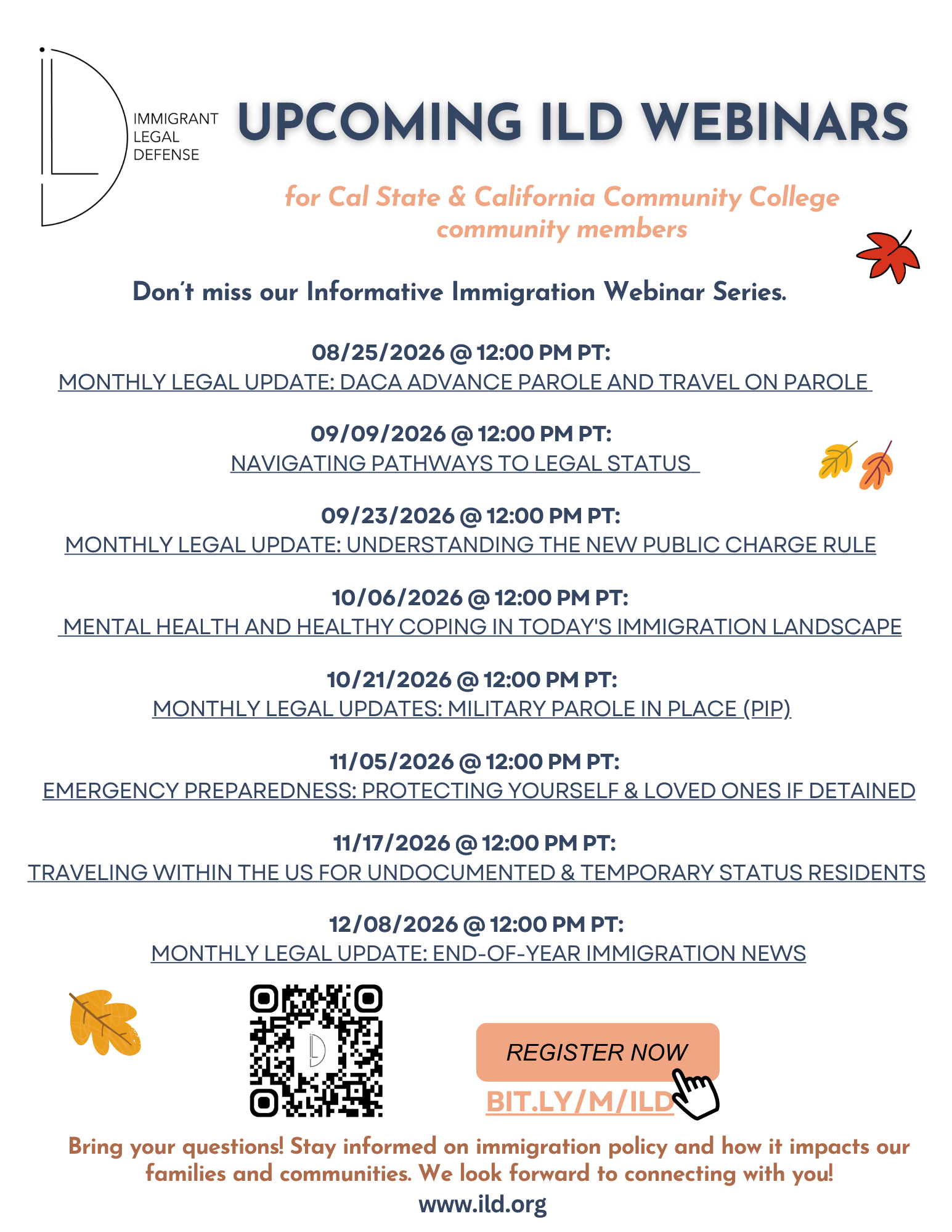 Dates for the immigrant legal defence webinars