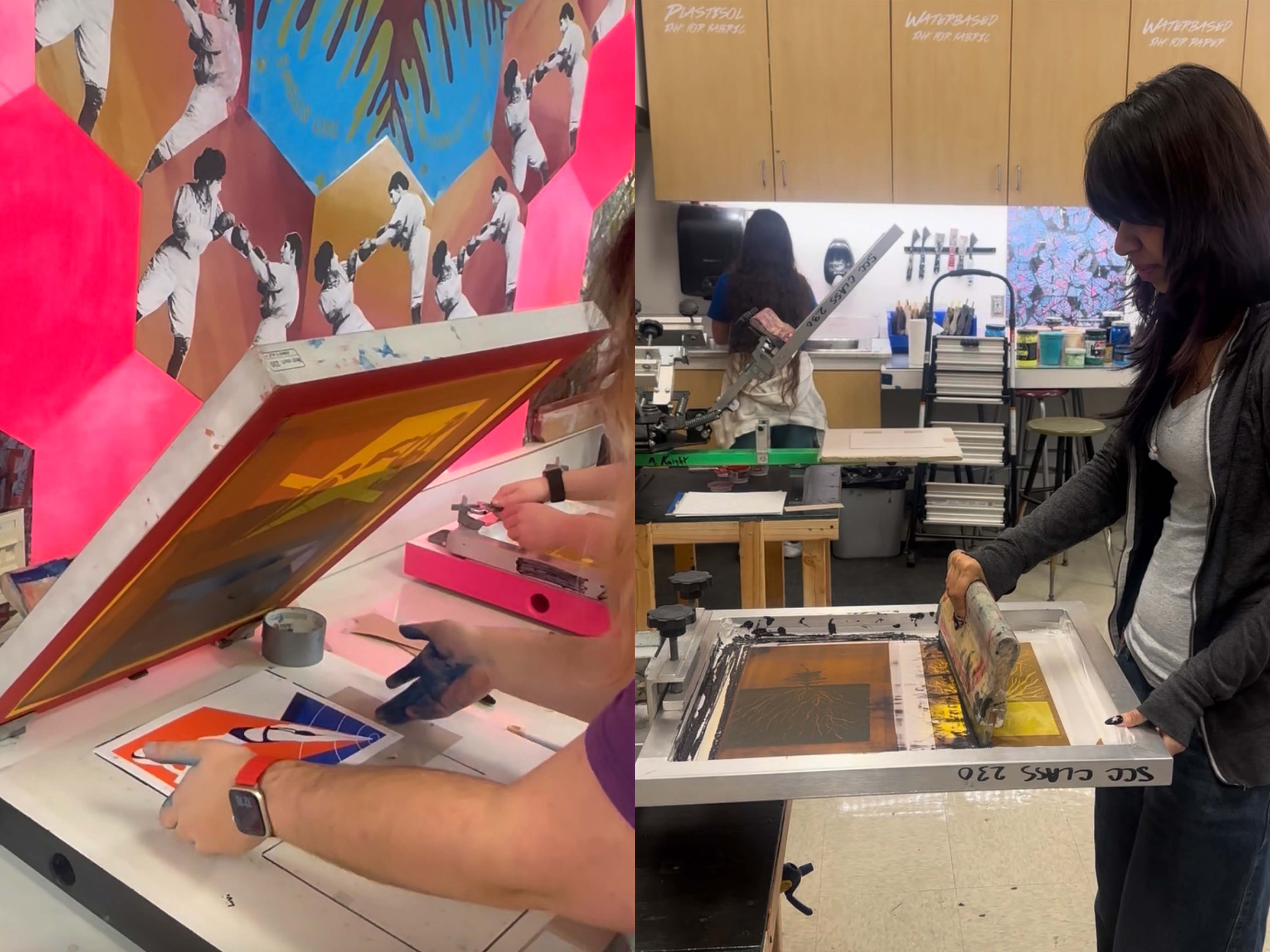 Student silkscreening their project on paper