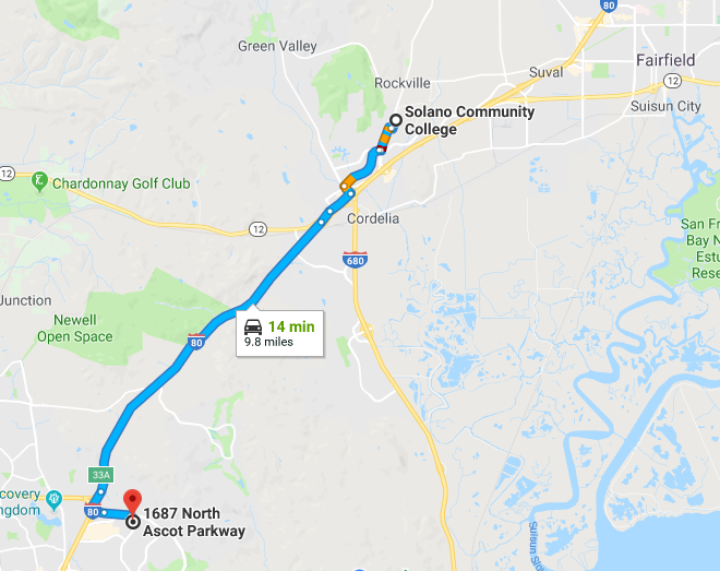 Directions from Solano Main Campus to Automotive Technician school.